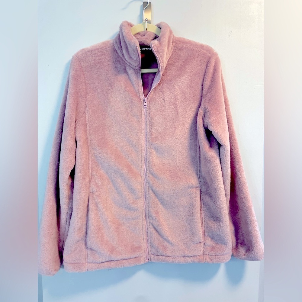Lands End, ladies medium dusty rose fuzzy cozy warm full zip highneck sweatshirt - Picture 1 of 7